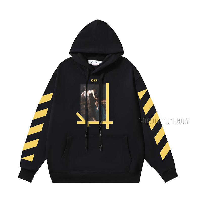 Off-White Pure Cotton Loop Heavyweight Angel Caravaggio Diagonal Stripe Arrow Print Hoodie