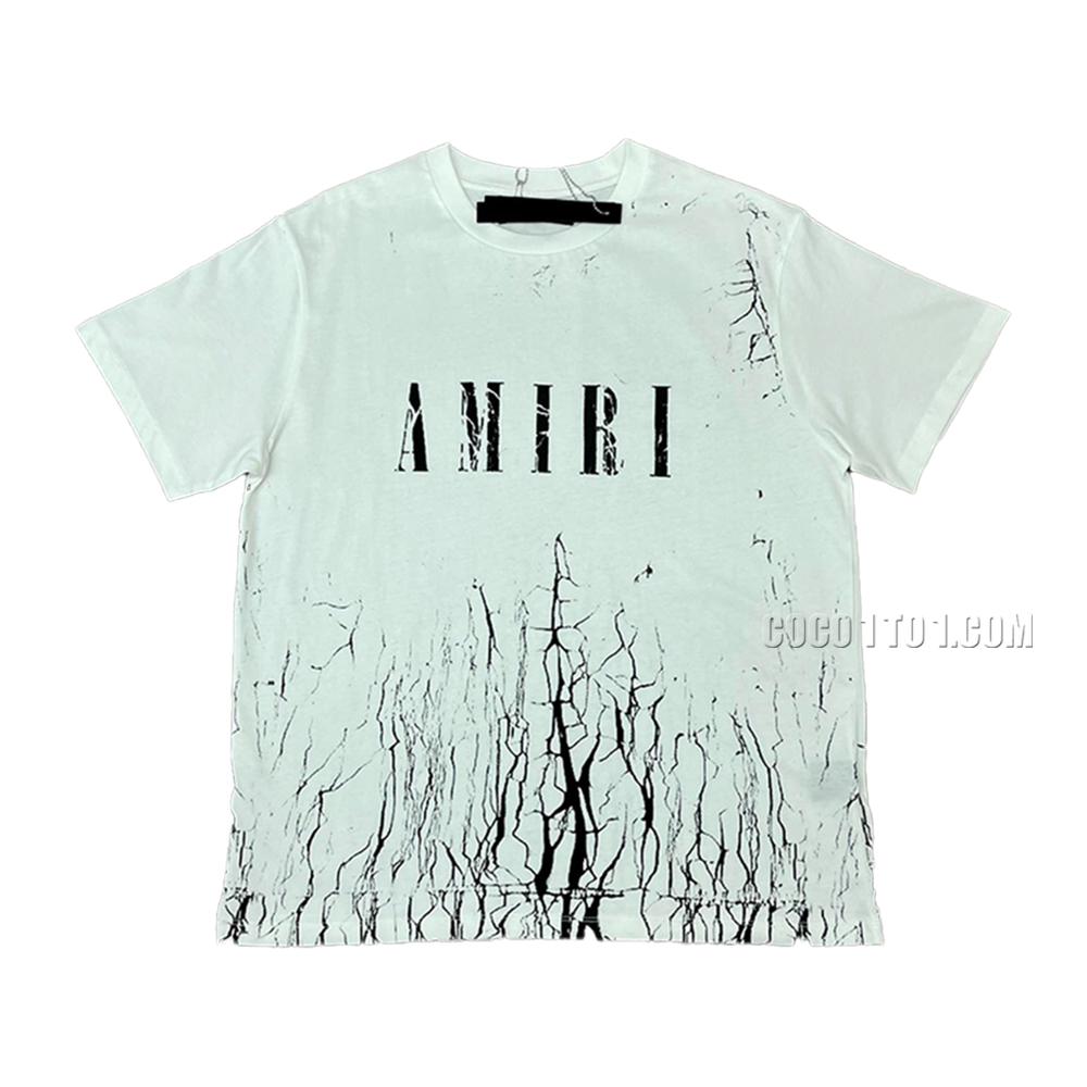 Amiri New print silk crack letter short-sleeved wide logo silk crack feeling print T-shirt