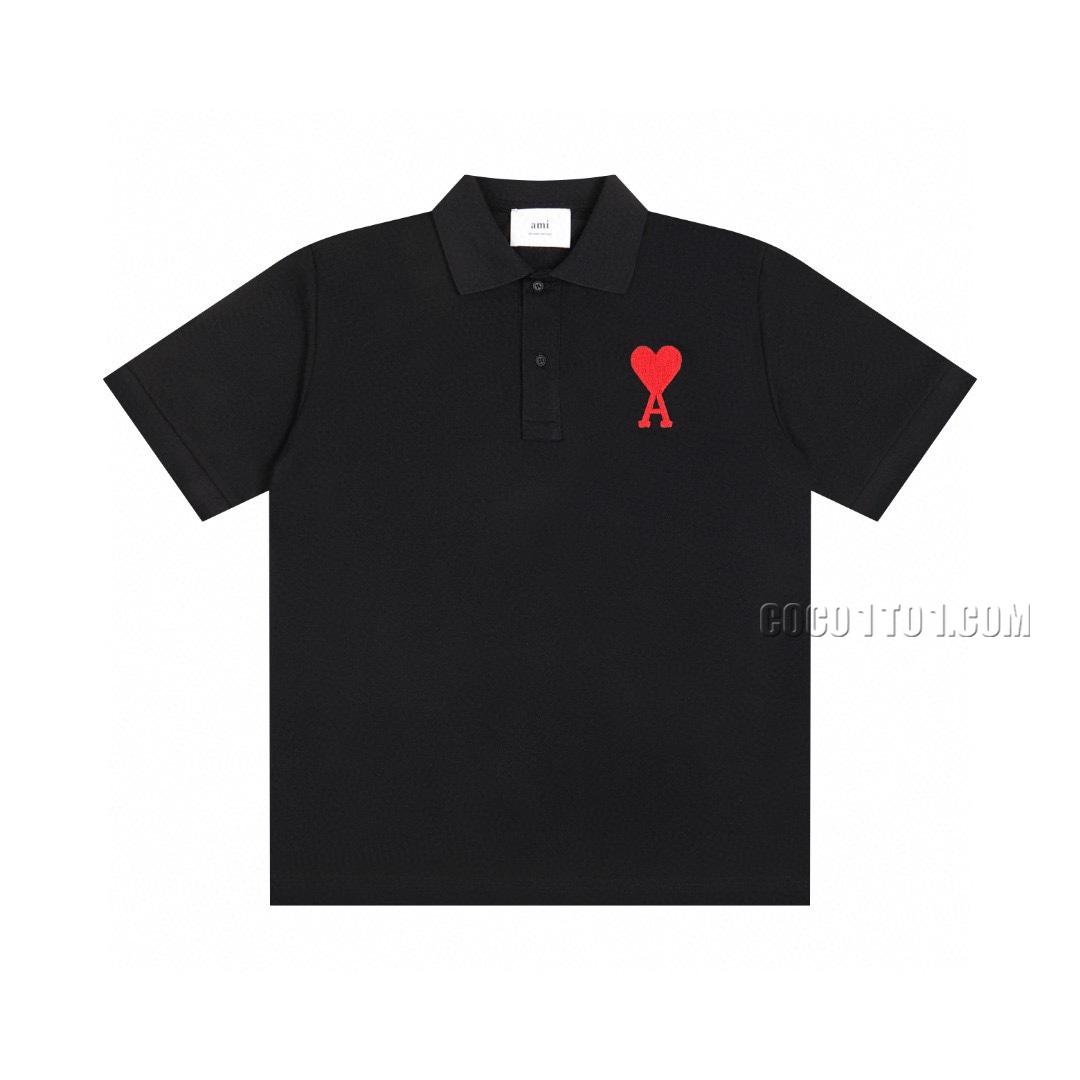 Ami Paris classic French large heart towel embroidered red heart couple lapel pearl ground fabric Polo shirt short sleeve