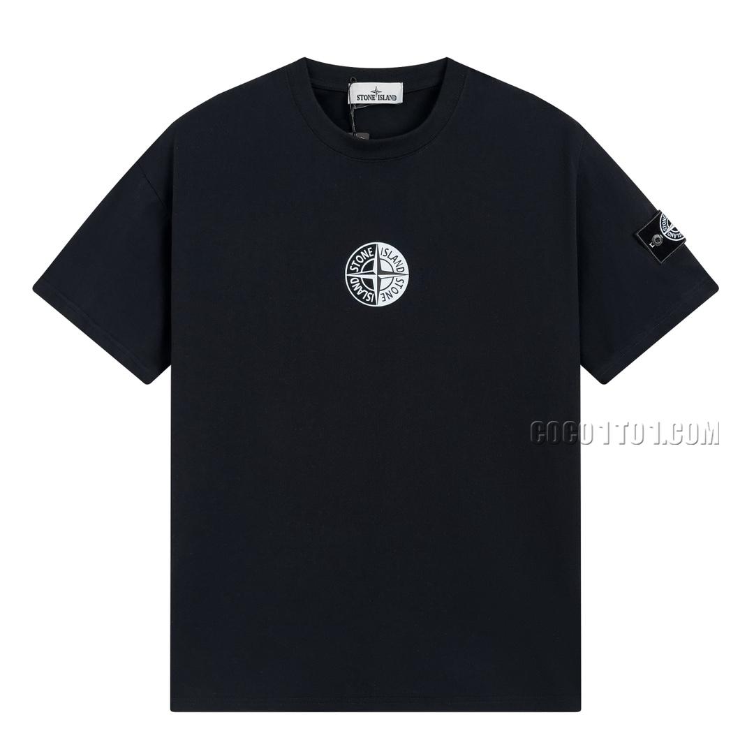 Stone Island Summer New Black and White Tai Chi Compass Cuff Badge Print Short Sleeve T-shirt N42601