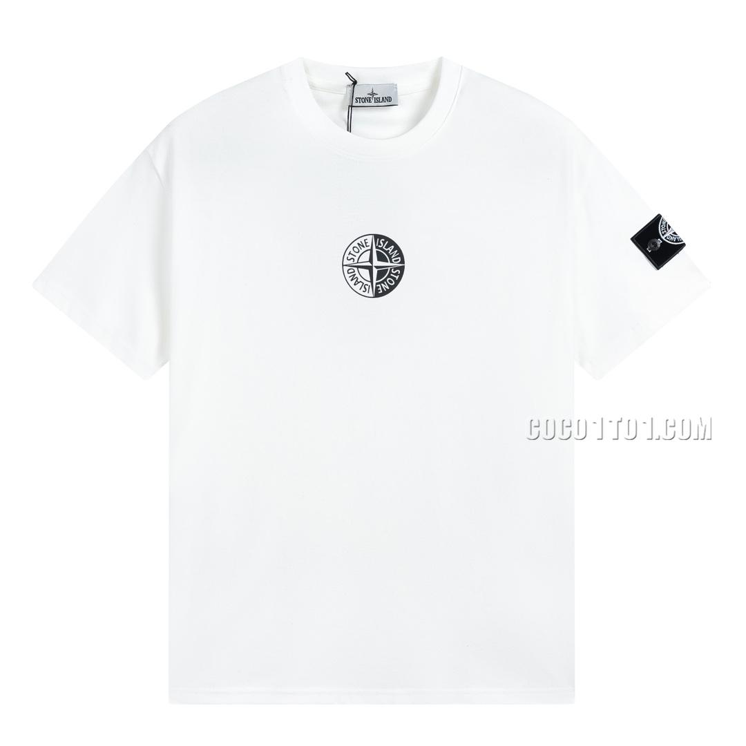 Stone Island Summer New Black and White Tai Chi Compass Cuff Badge Print Short Sleeve T-shirt N42601