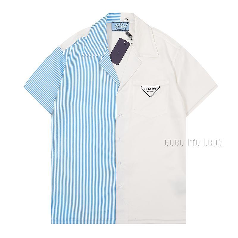 Prada 22ss New Blue Striped Color-blocking Printed Logo Short-sleeved Shirt
