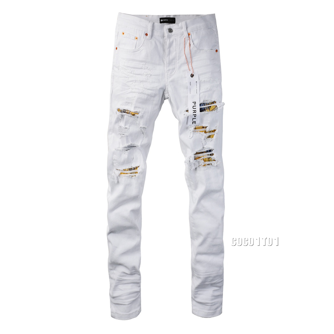 Purple Brand White Mens Jeans Distressed Ripped Personality Prints Patchwork