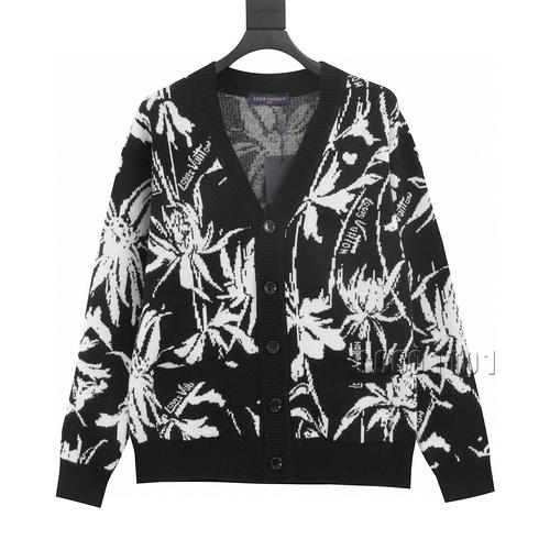 LV Black and White Coconut Tree Jacquard Knitted Cardigan