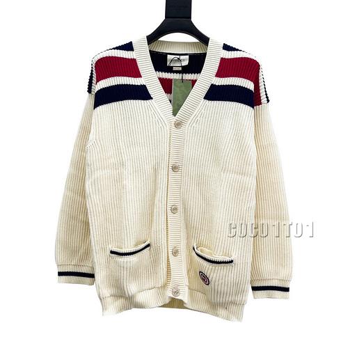GUCCI Pocket Embroidery Color-Blocked Knitted Cardigan