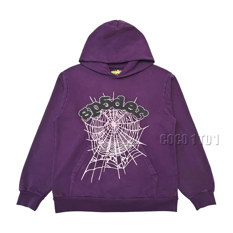 SP5DER Dark Purple Rhinestone Spiderweb Hoodie
