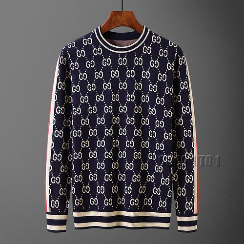 Gucci Full Logo Stripe Fashion Crew Neck Sweater in Navy Blue