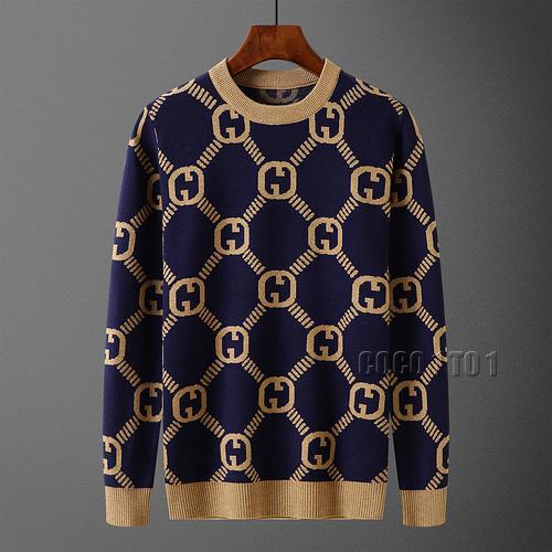 Gucci Full Logo Stripe Fashion Crew Neck Sweater in Navy Blue