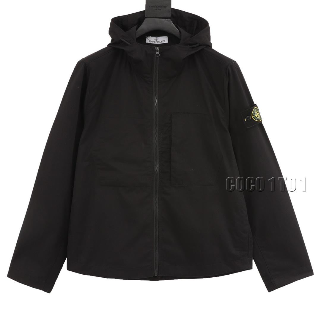 STONE ISLAND solid color compass pattern stand collar hooded lightweight Jacket black
