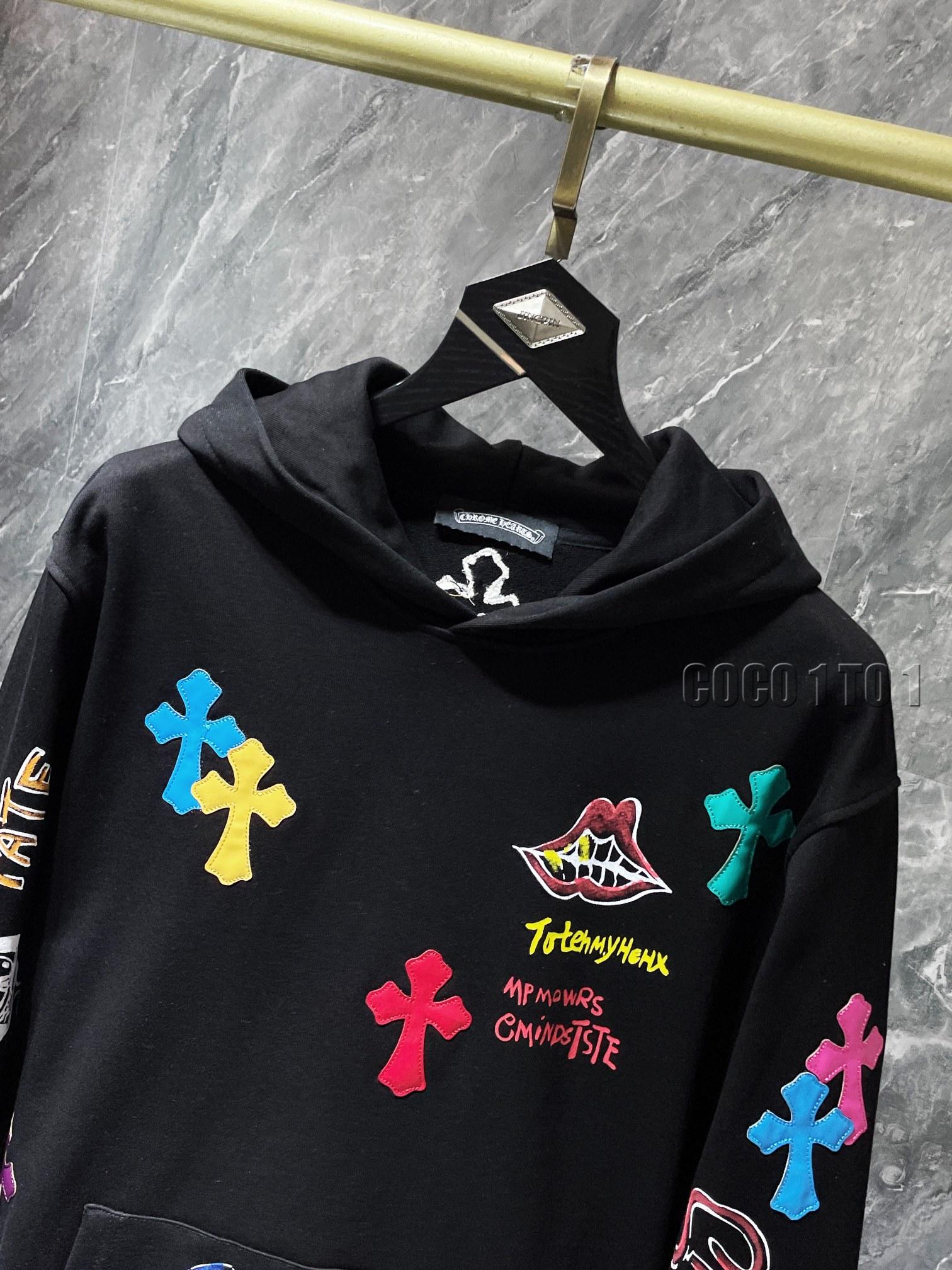 Chrome Hearts Colorful Cross-Patch Leather Sanskrit Hand-Drawn Graffiti Hoodie Black