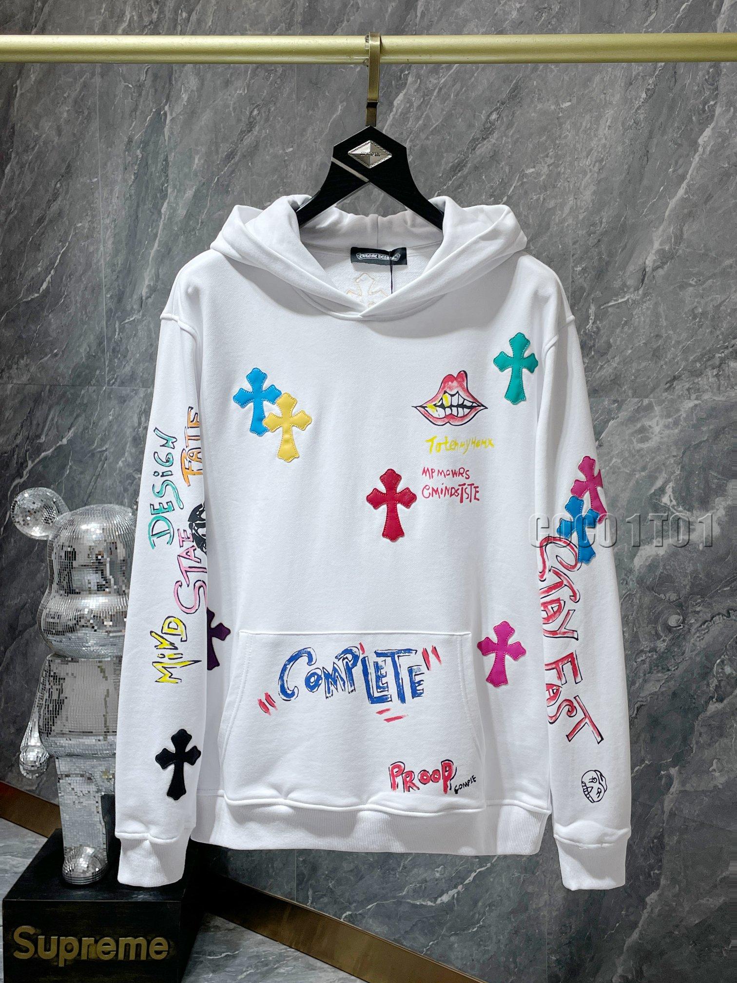 Chrome Hearts Colorful Cross-Patch Leather Sanskrit Hand-Drawn Graffiti Hoodie White