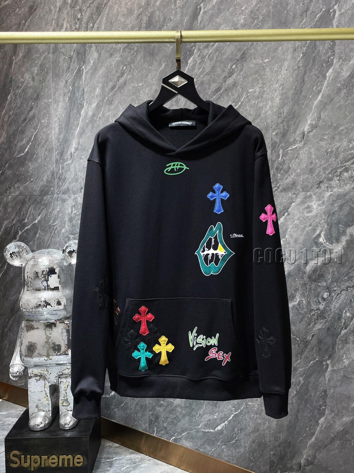 Chrome Hearts Colorful Cross-Patch Leather Sanskrit Hand-Drawn Graffiti Hoodie Black