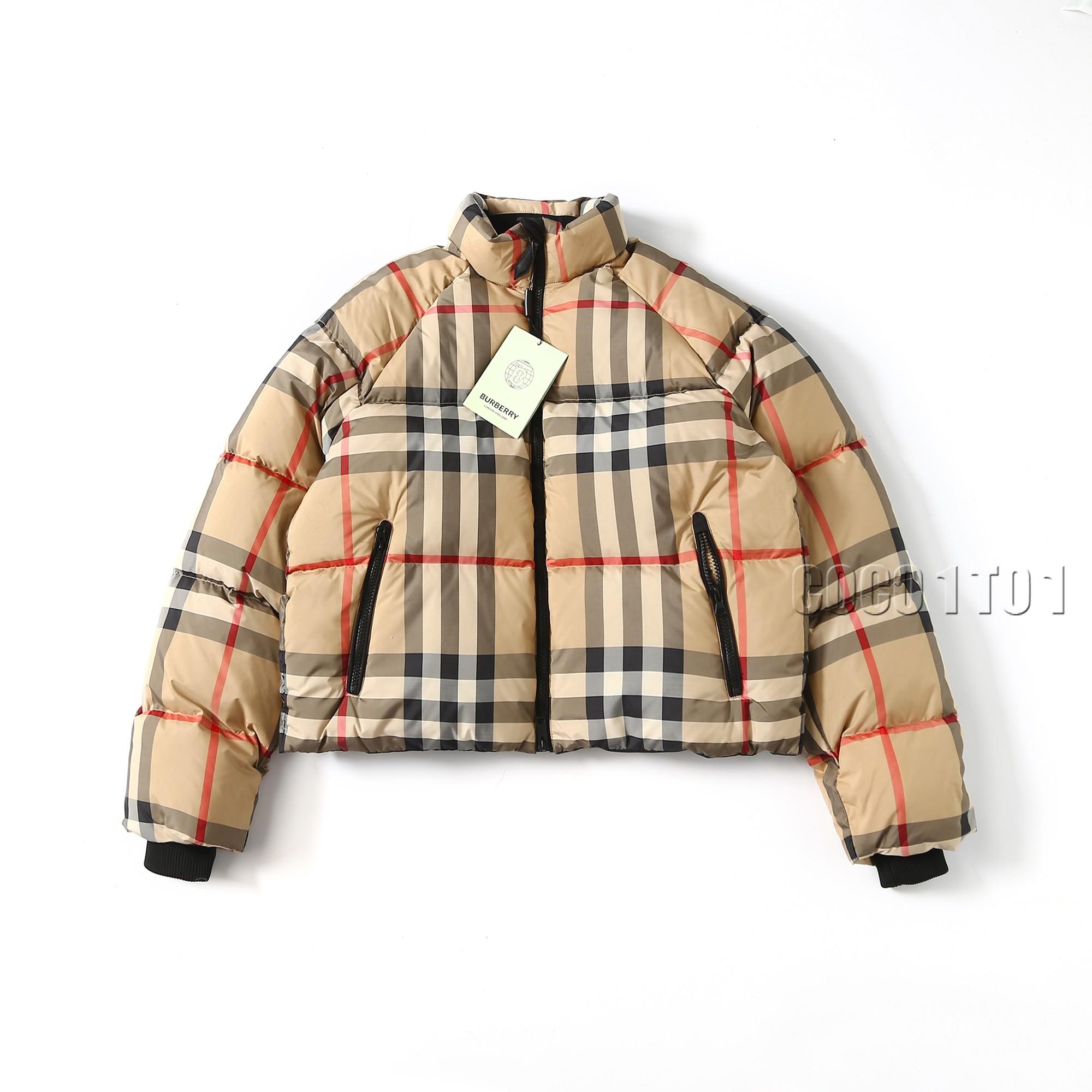 Burberry Checked Stand Collar Short Sleeve Down Jacket Women's Brown Check