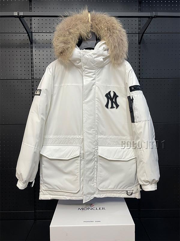 MLB New York Yankees Logo Fur Collar Hooded Thick Down Jacket White