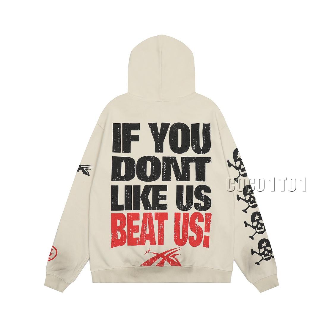 Hellstar Studios Don't Like Us Beat Us Hooded Sweatshirt Beige