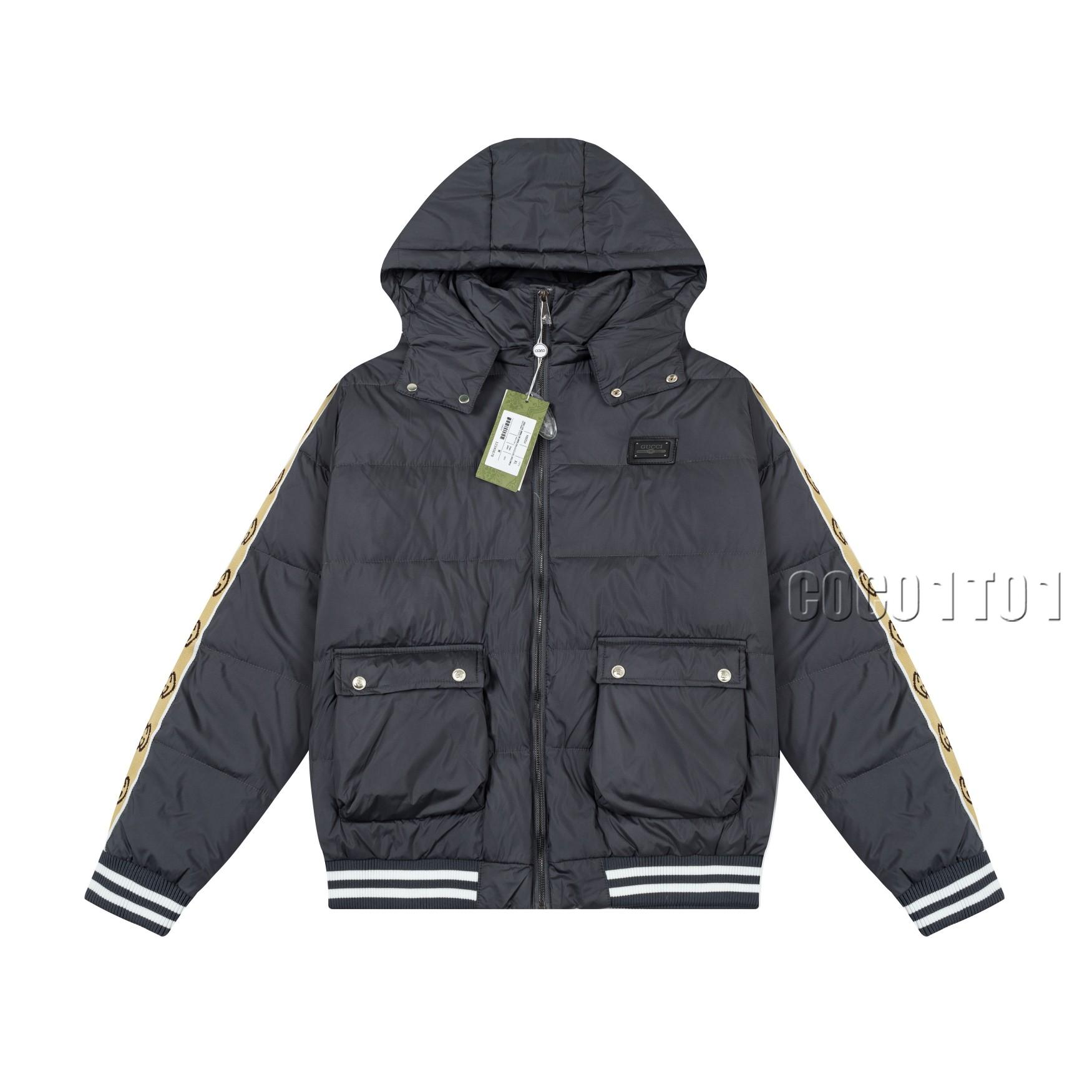 GUCCI Classic Web Sleeve Detachable Hood Down Jacket Dark Grey