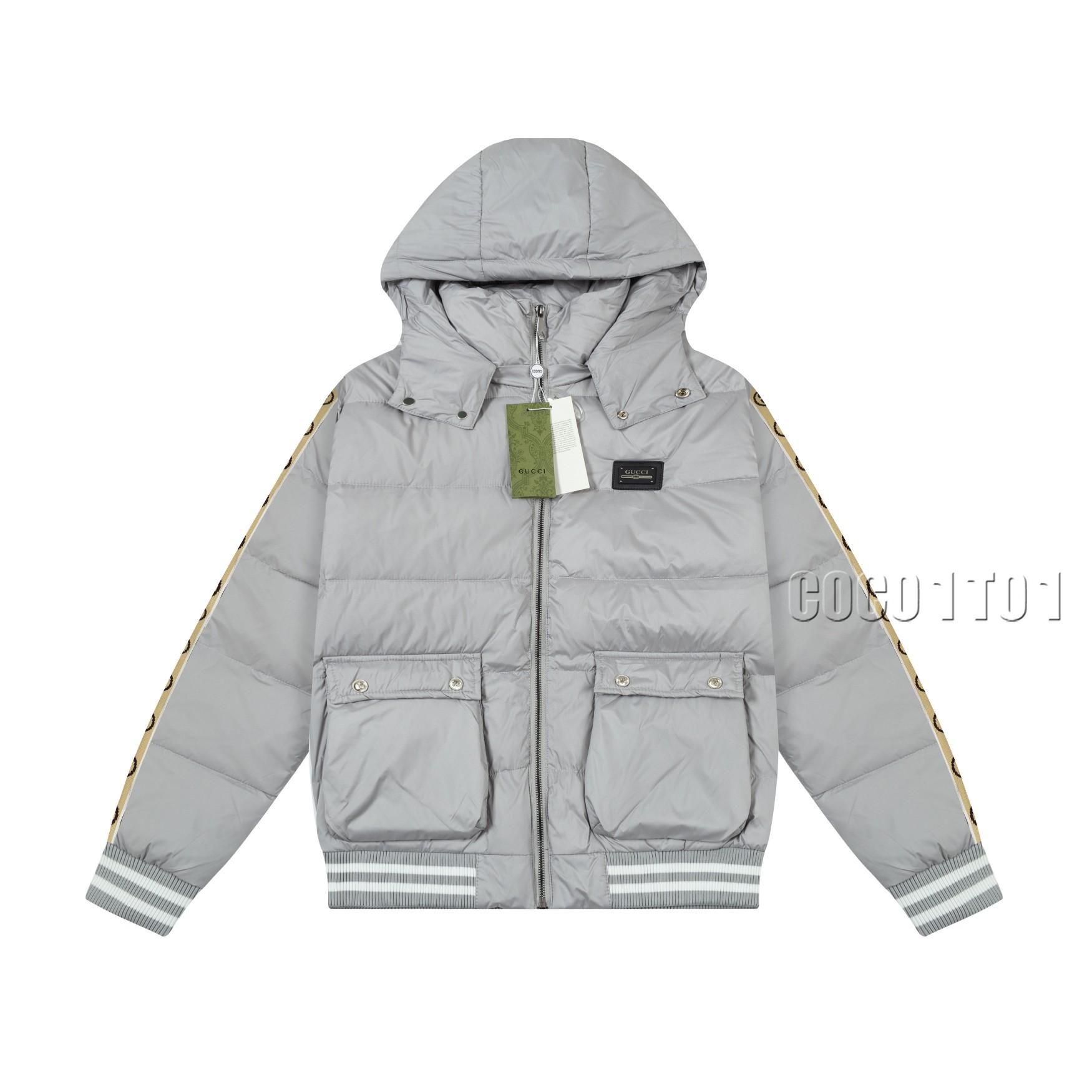 GUCCI Classic Web Sleeve Detachable Hood Down Jacket Silver Grey