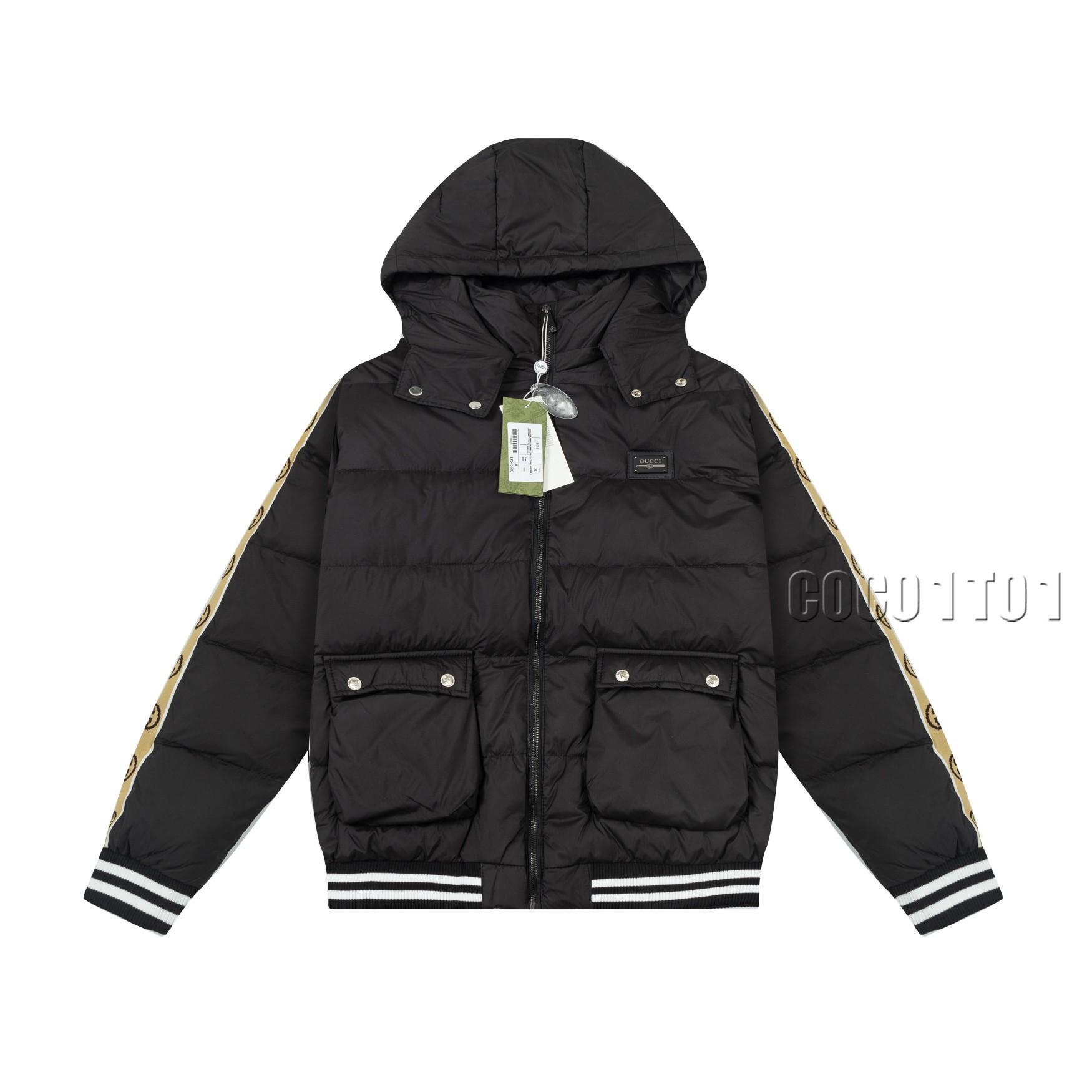 GUCCI Classic Web Sleeve Detachable Hood Down Jacket Black