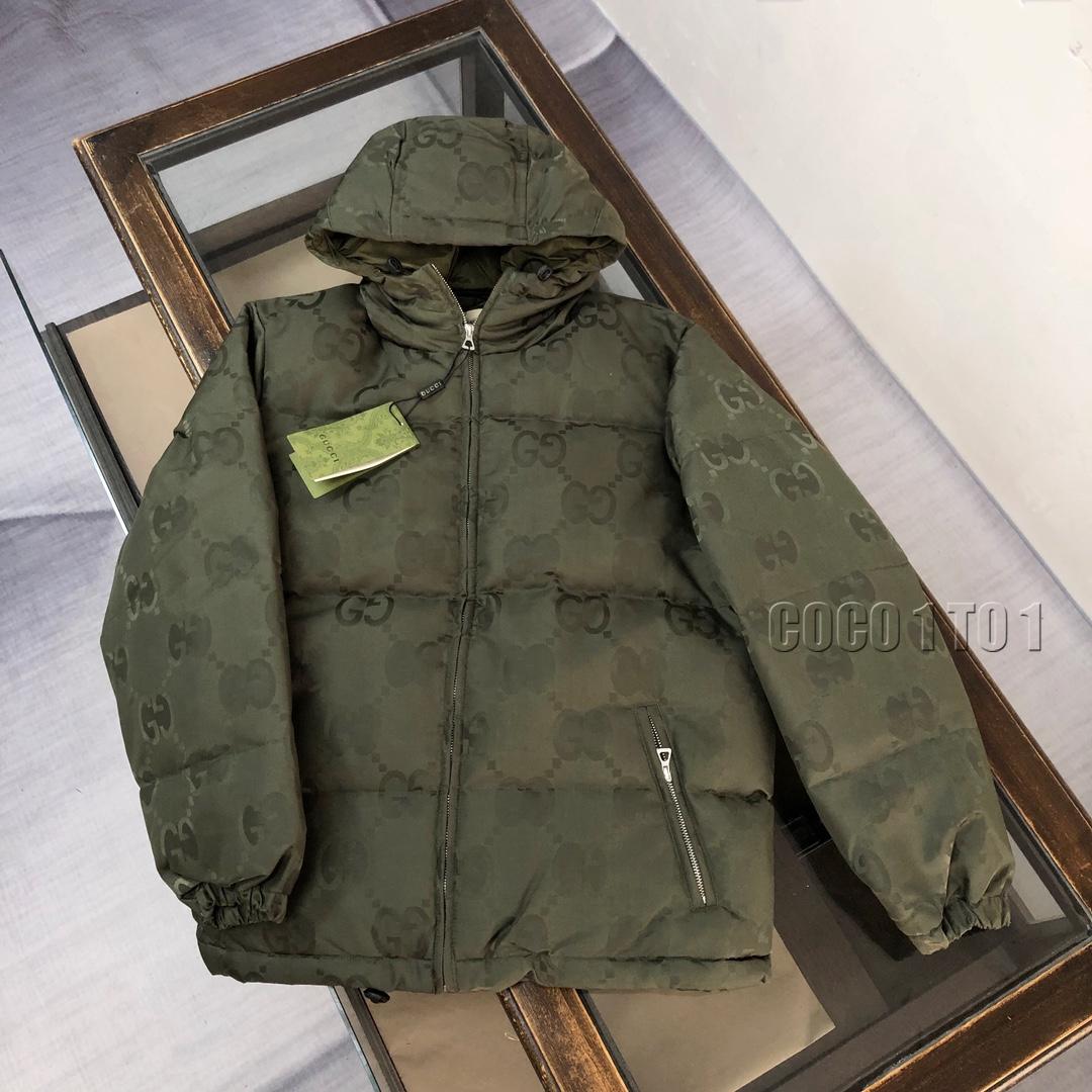 GUCCI All-over GG Jacquard Hooded Down Jacket Green