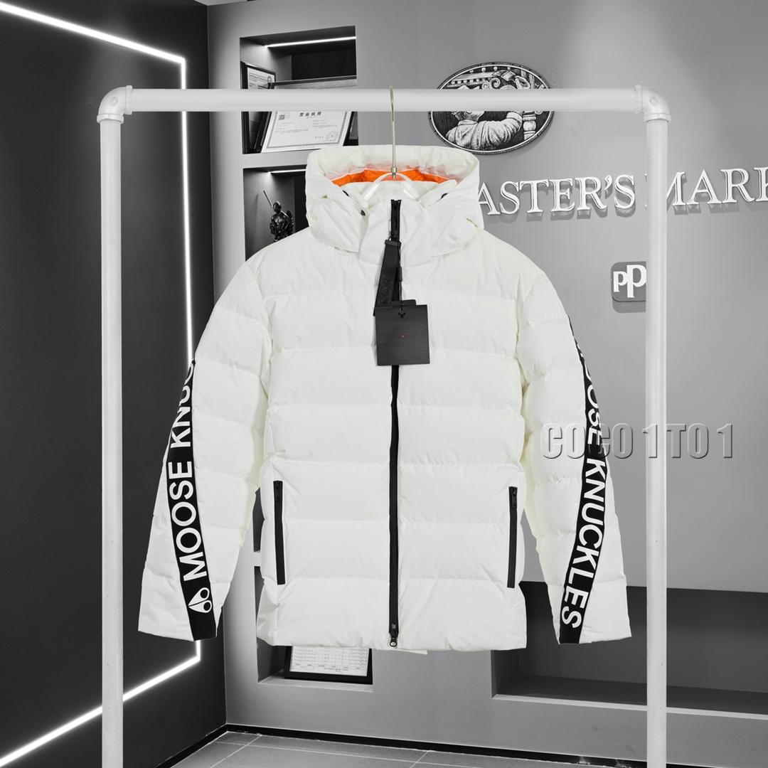 Moose Knuckles Color Block Print Letter Wrapped Down Jacket White