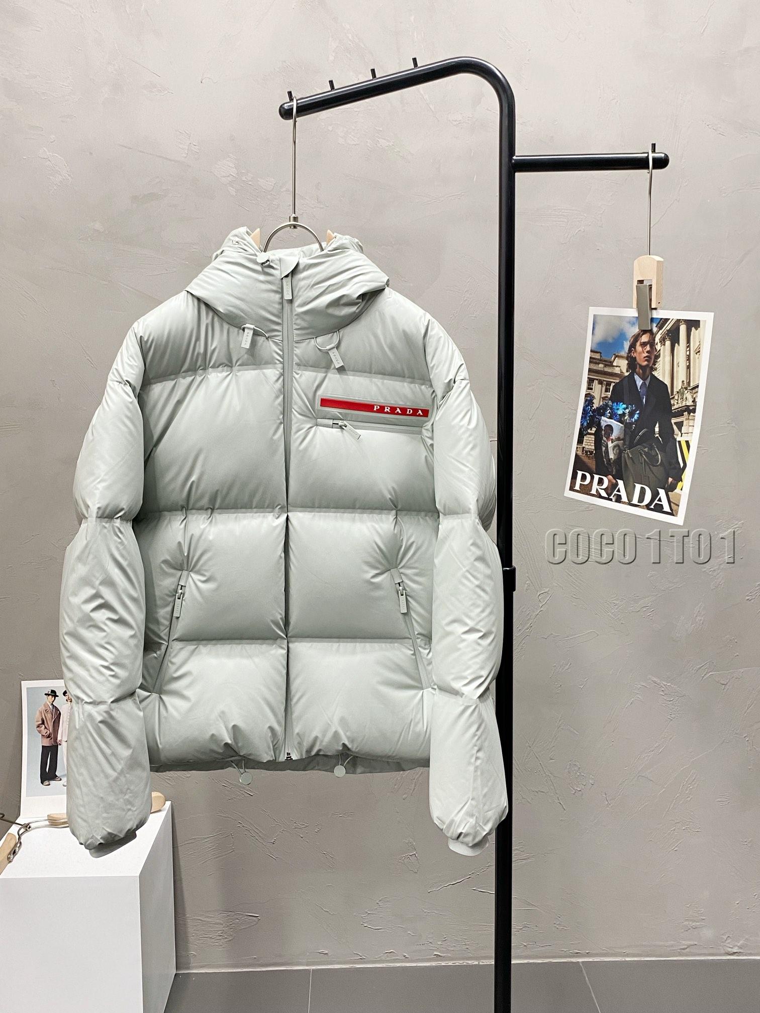 Prada Hooded High Neck Down Jacket Light Grey