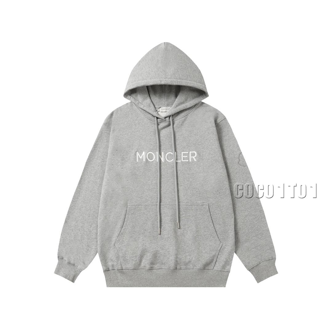 MONCLER White Embroidered Letter Hoodie Gray