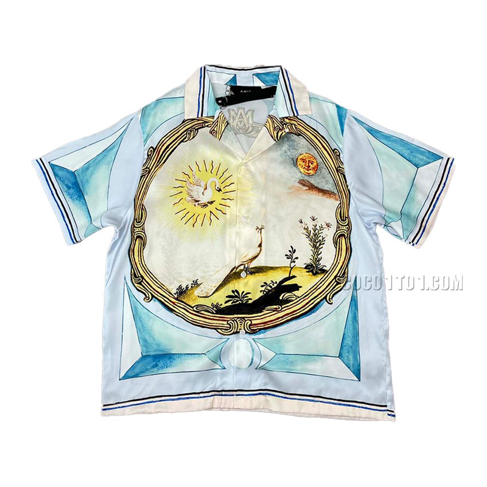 AMIRI New Silk Fabric Short-Sleeve T-Shirt with Silk Fabric Panel Positioning Print