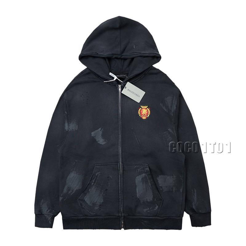 Balenciaga Manchester United Embroidered Heavy Washed Mud Dye Zipper Cardigan Hoodie Black