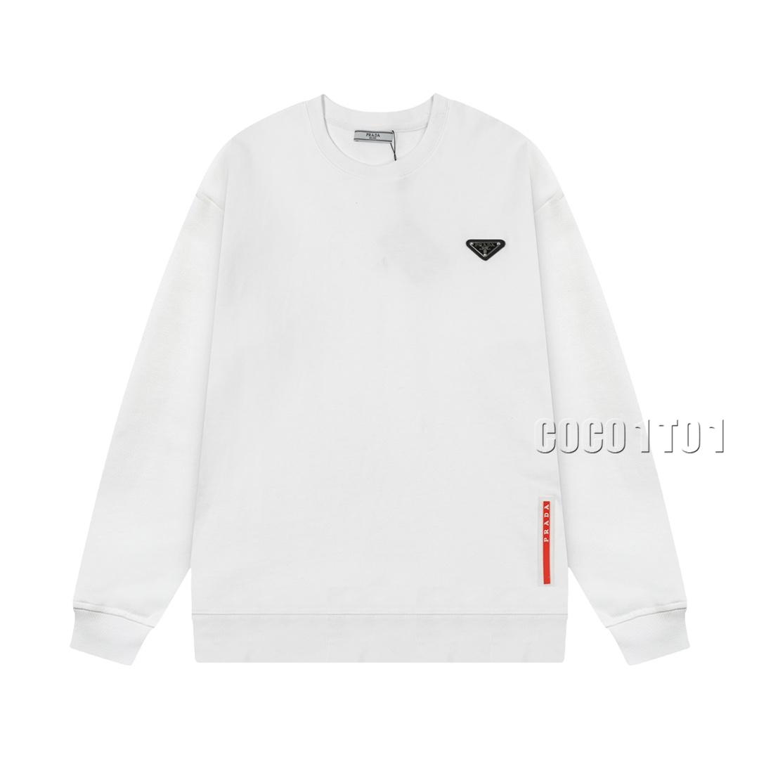 PRADA Triangle Patch Leather Letter Logo Crewneck Sweatshirt White
