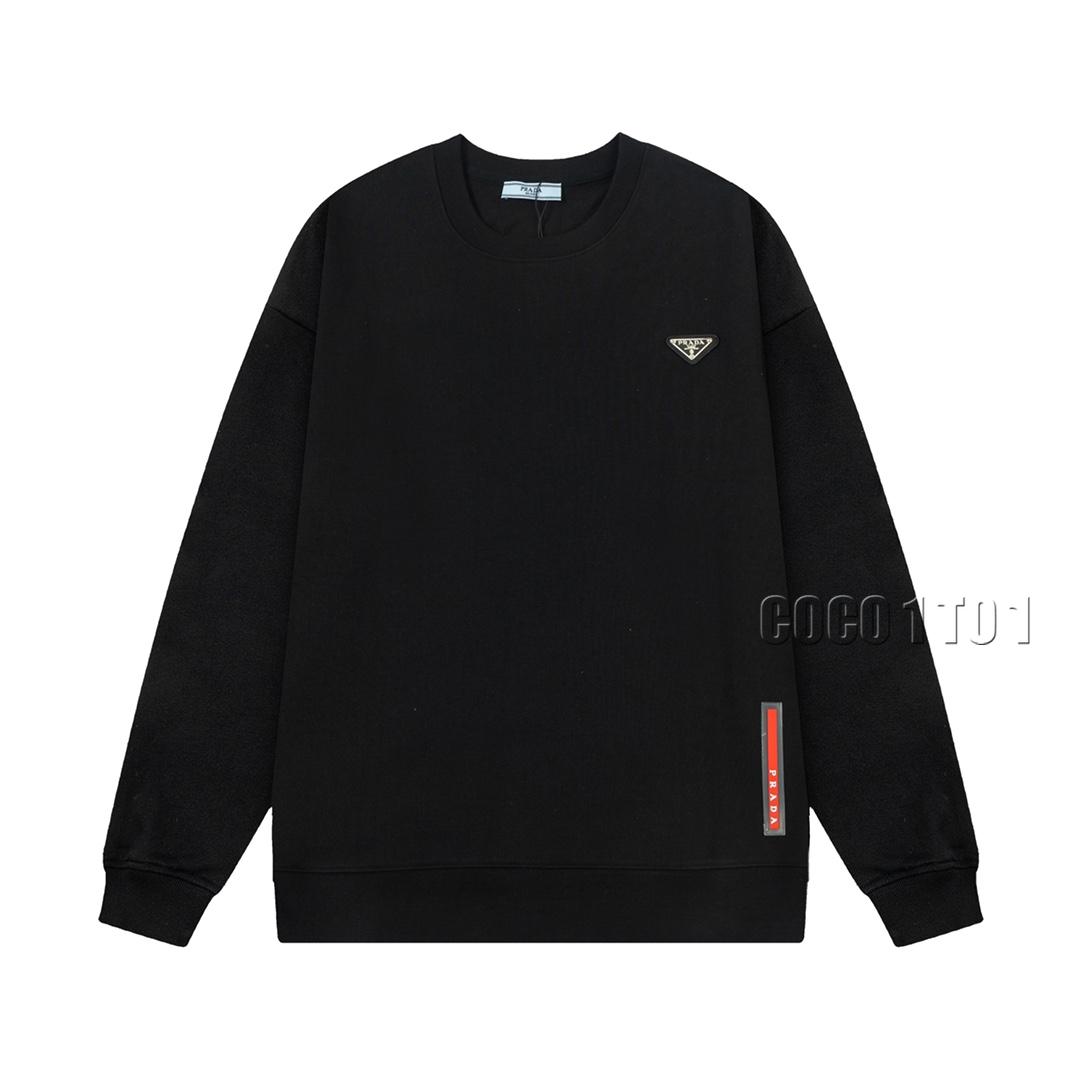 PRADA Triangle Patch Leather Letter Logo Crewneck Sweatshirt Black