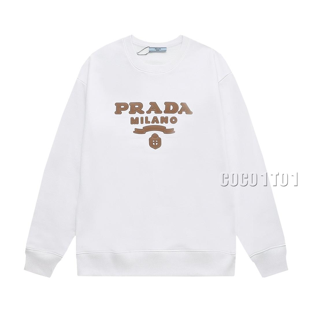 PRADA Khaki Leather Patch Letter Logo Crewneck Sweatshirt White