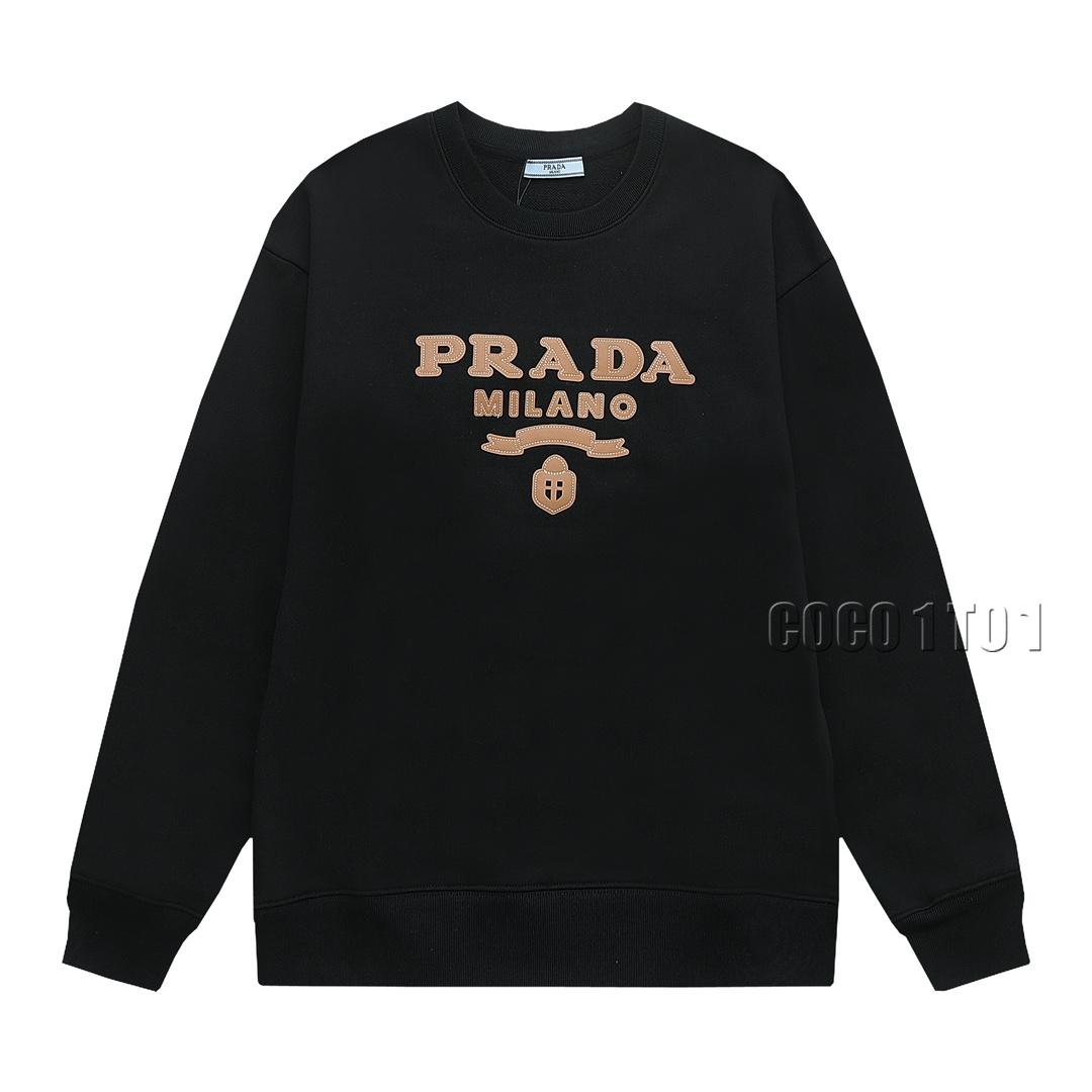 PRADA Khaki Leather Patch Letter Logo Crewneck Sweatshirt Black