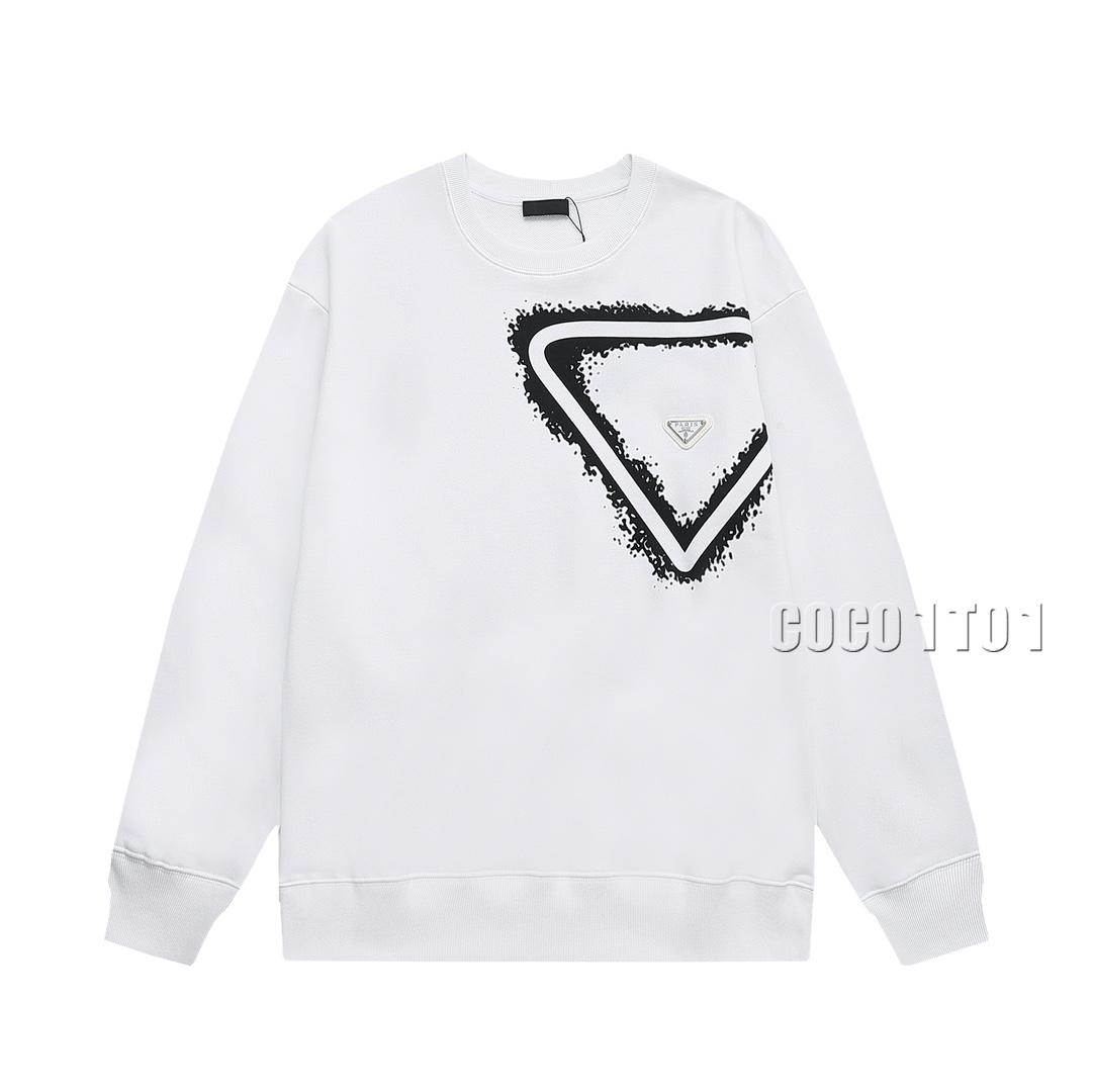 PRADA Triangle Leather Patch Letter Logo Crewneck Sweatshirt White