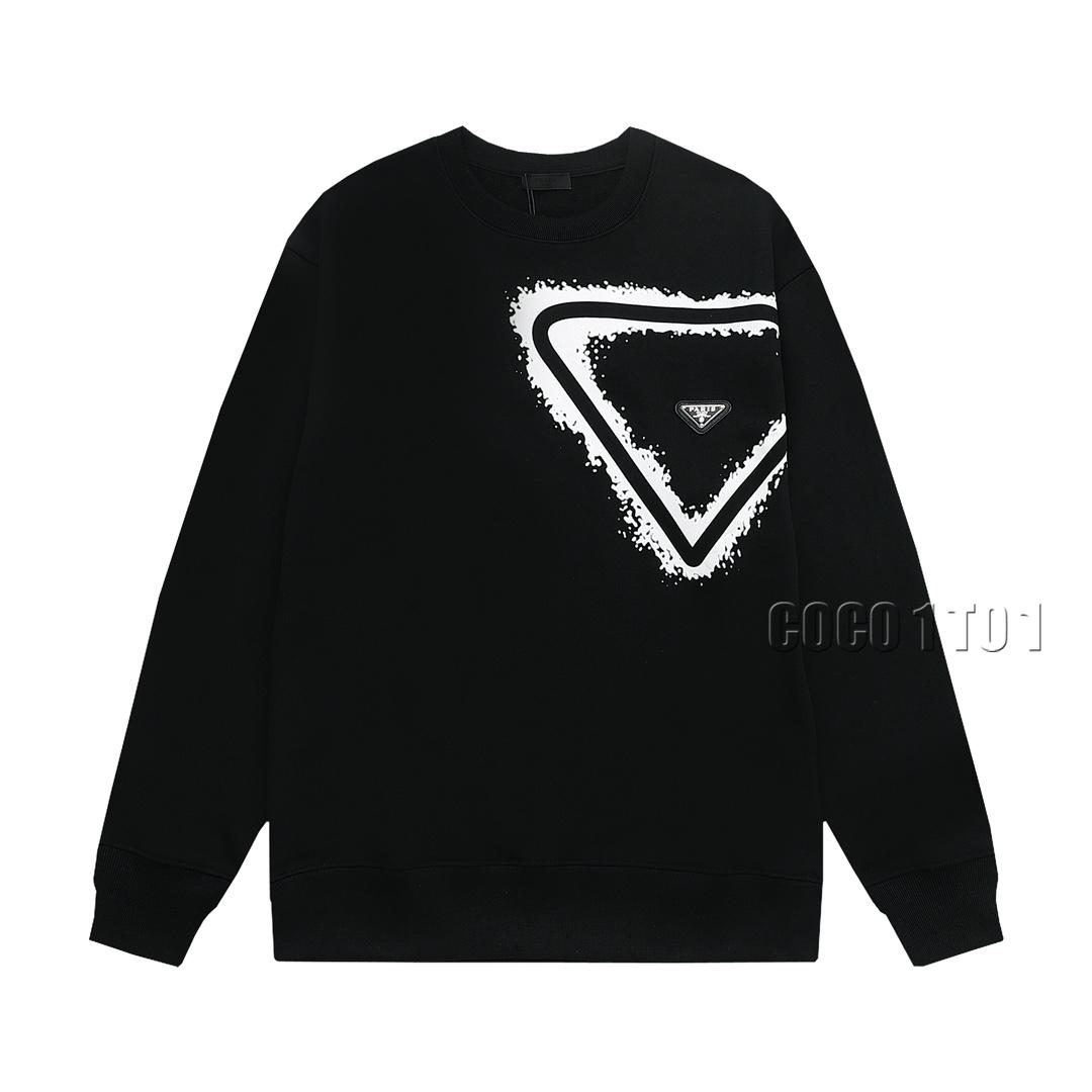 PRADA Triangle Leather Patch Letter Logo Crewneck Sweatshirt Black