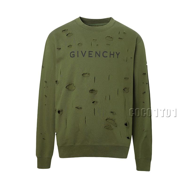 GIVENCHY Distressed Double-layer Crew Sweatshirt Green