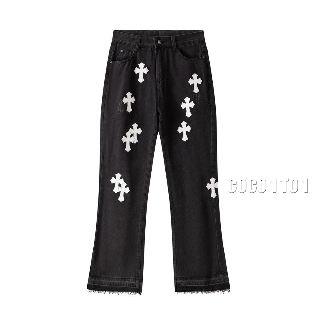 Chrome Hearts Black Pants with White Patchwork Denim