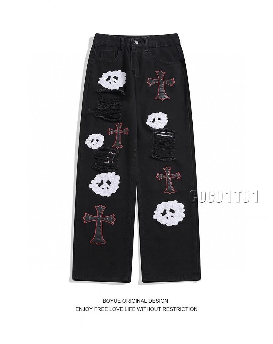 Chrome Hearts Patchwork Leather Logo Embroidered Denim Pants High-End Black