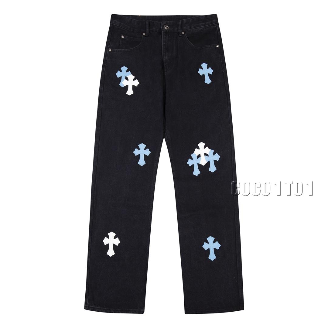 Chrome Hearts City Series Sanskrit Cross Patchwork Denim Pants Blue and White