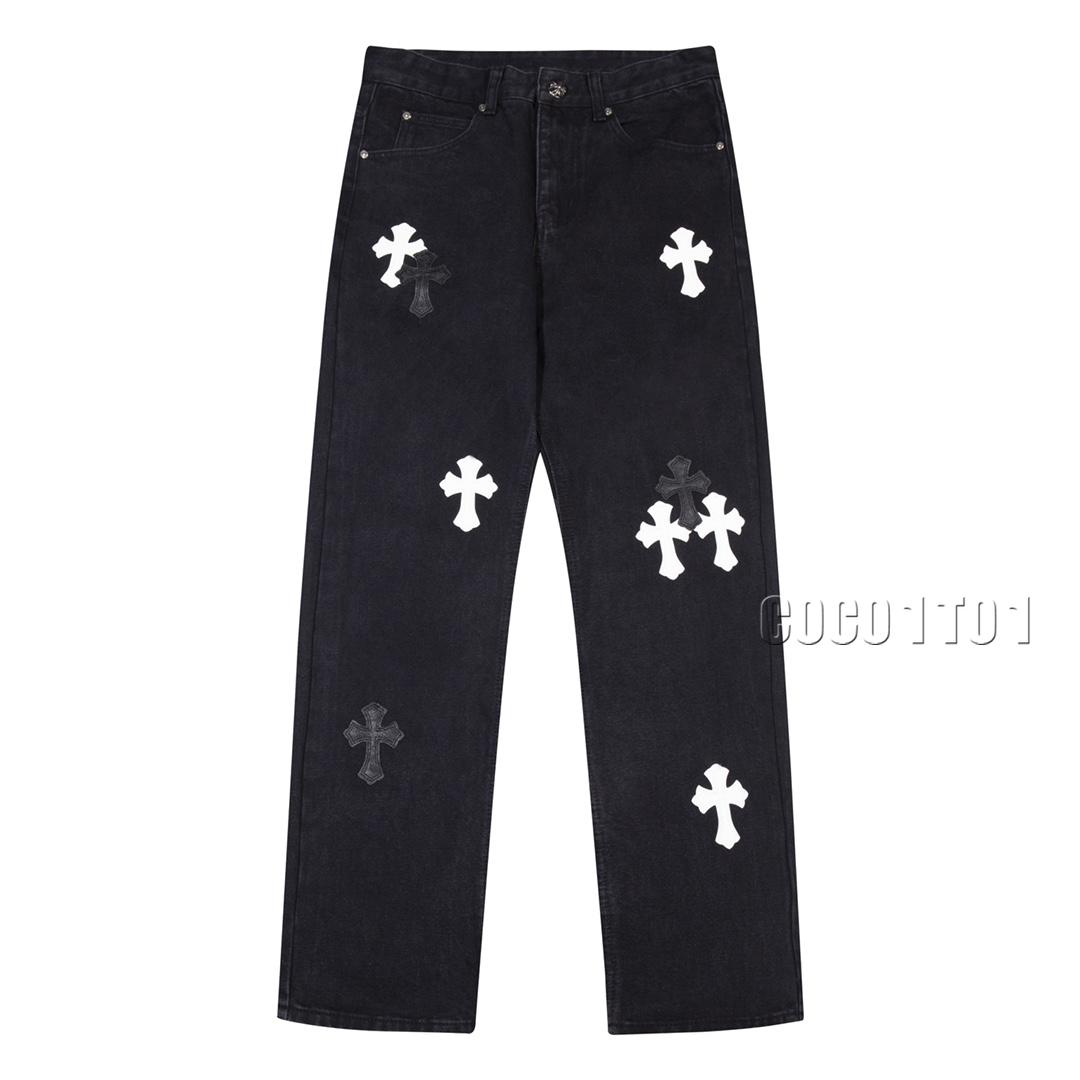 Chrome Hearts City Series Sanskrit Cross Patchwork Denim Pants Black and White