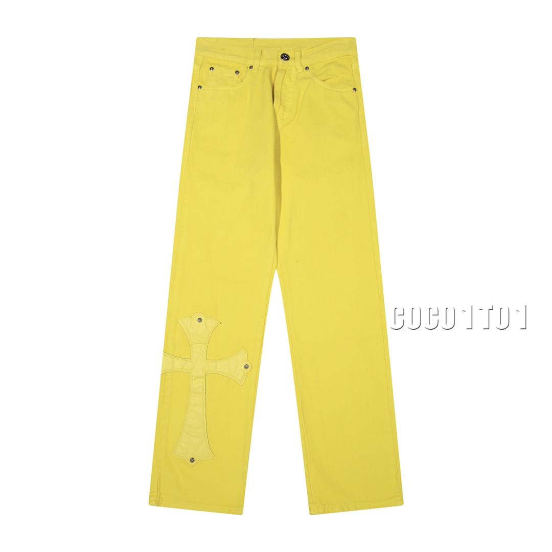 Chrome Hearts Washed Distressed Denim Pants Lemon Yellow