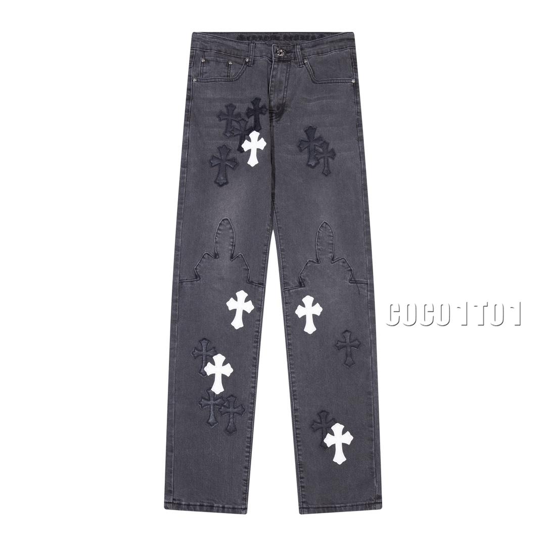 Chrome Hearts Horse Patchwork High Street Denim Pants Gray