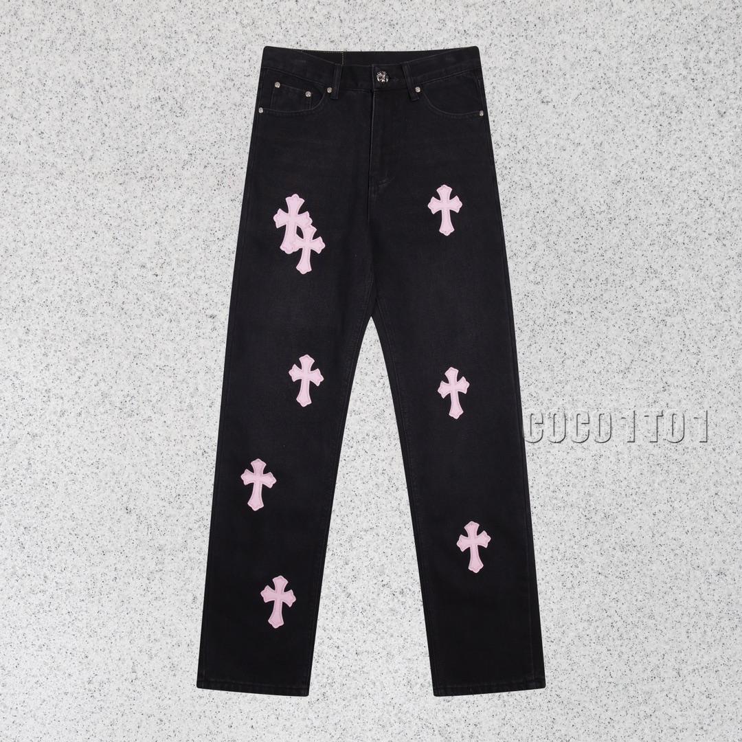 Chrome Hearts Heavy Distressed High Street Denim Pants Black and Red