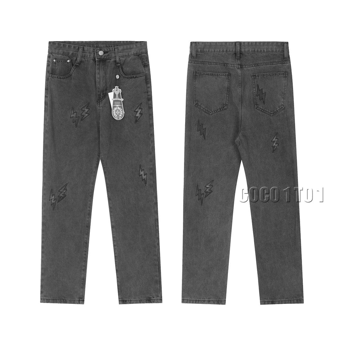 Chrome Hearts Washed Distressed Lightning Leather Embroidered Denim Pants Smoky Gray Black