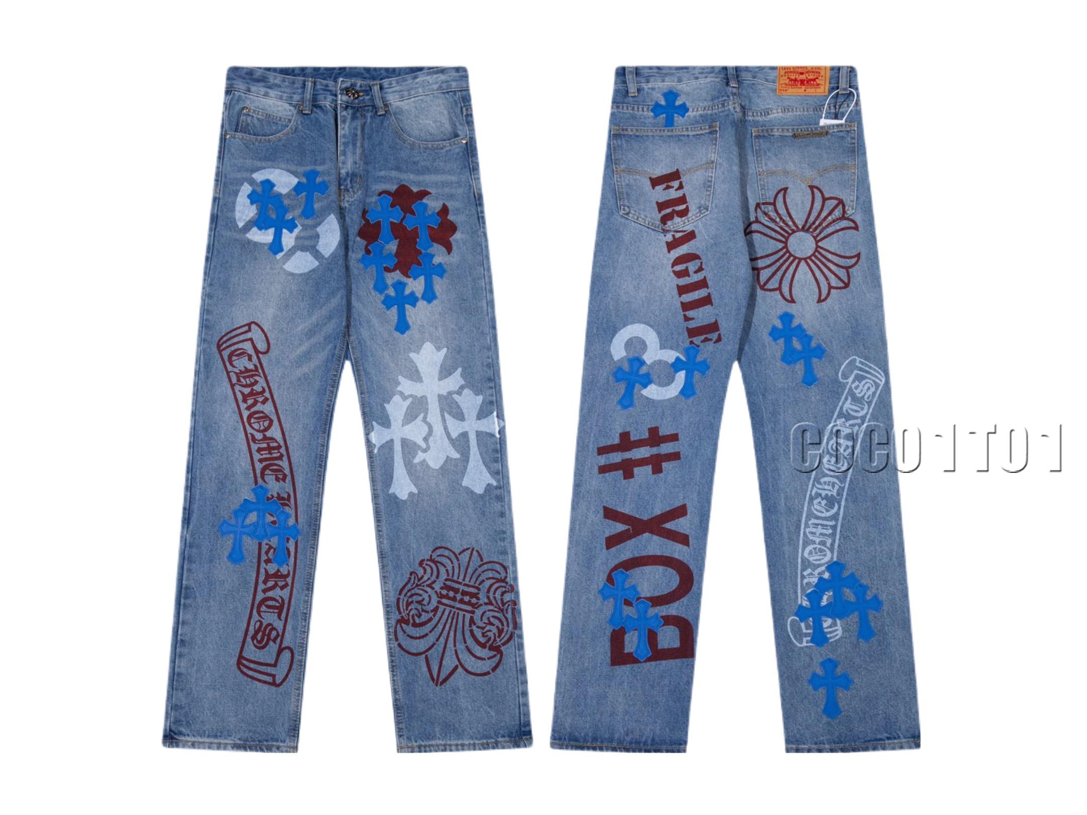 Chrome Hearts Patchwork Printed Denim Pants Blue