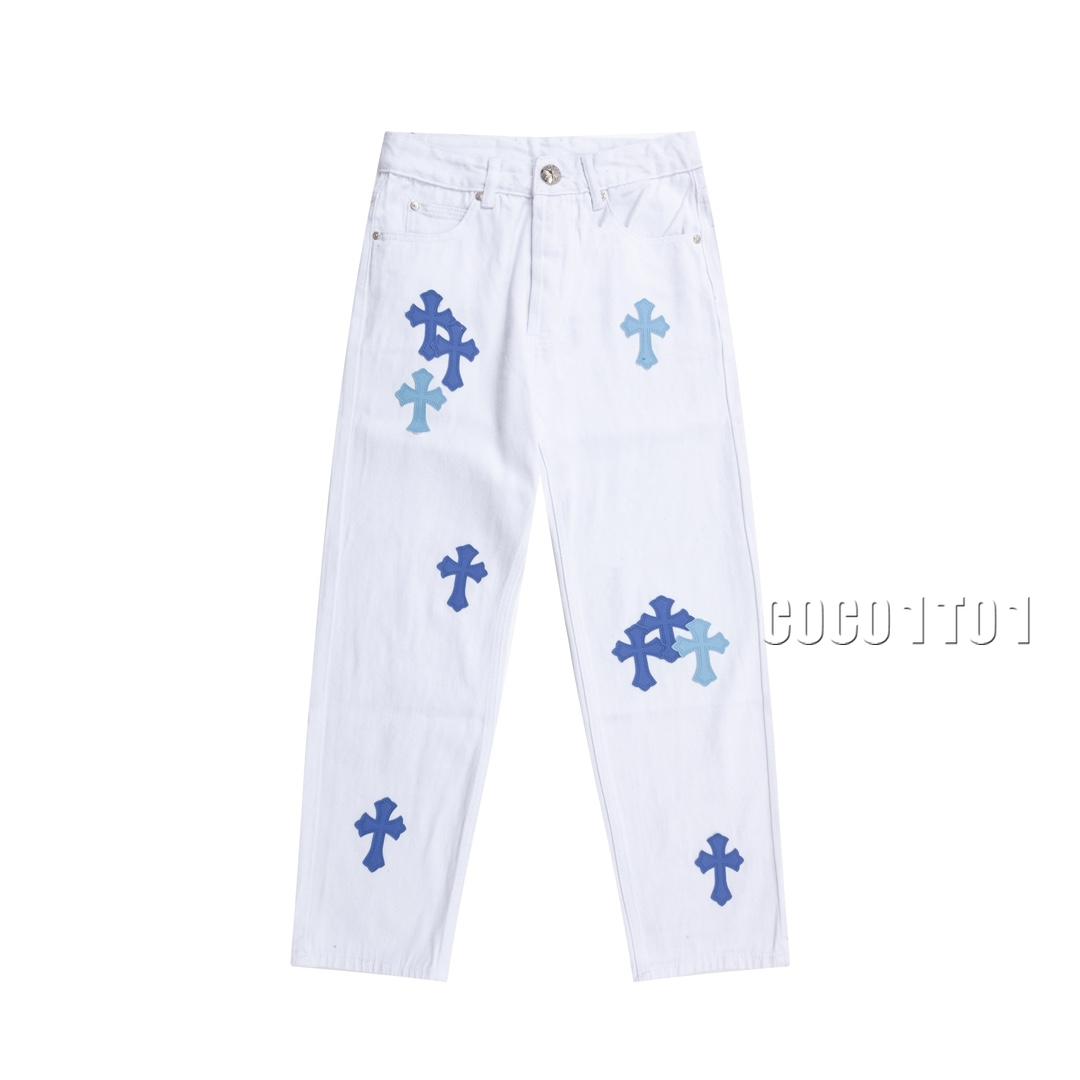 Chrome Hearts Cross White Blue Label Patchwork Denim Pants Long