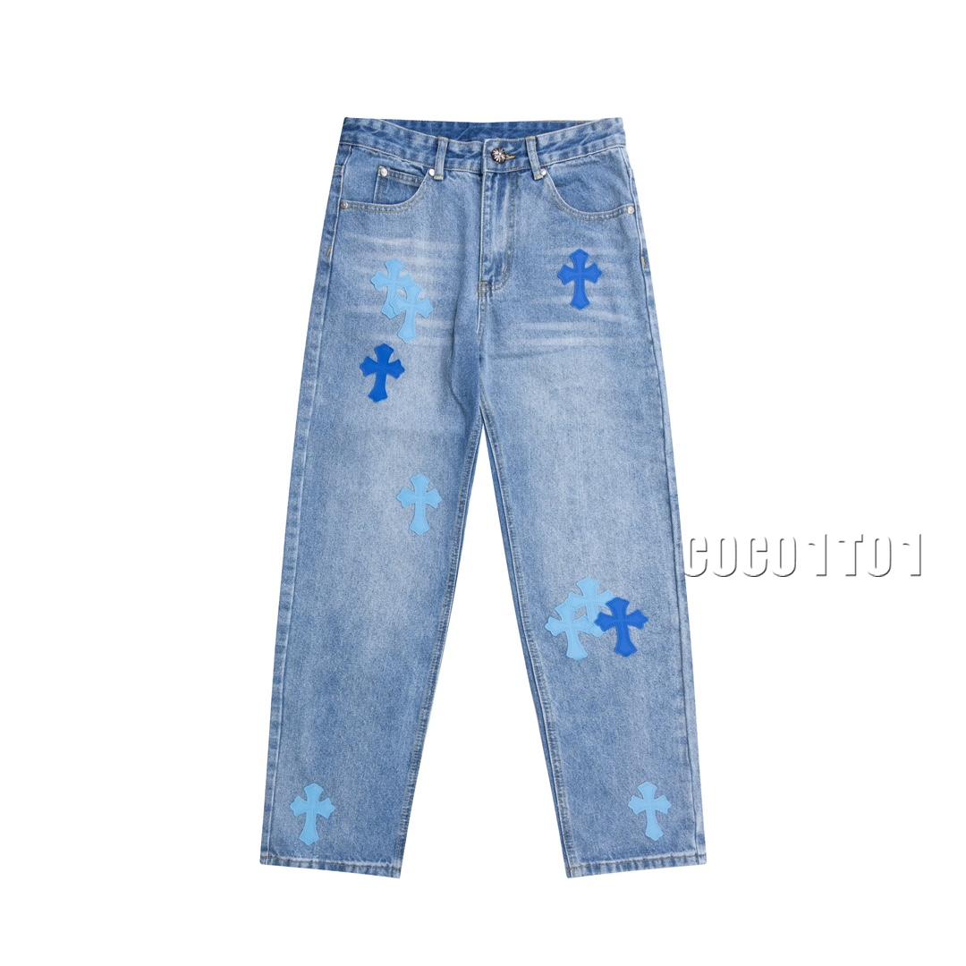 Chrome Hearts Cross Blue Gradient Label Patchwork Denim Pants Long
