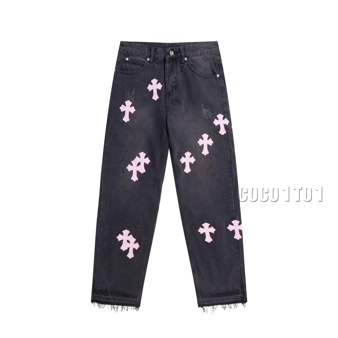 Chrome Hearts Cross Black Pink Label Patchwork Denim Pants Long