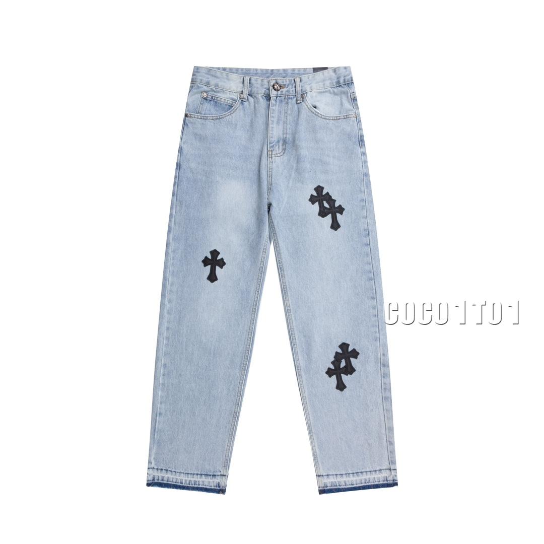 Chrome Hearts Cross Light Blue Black Label Patchwork Denim Pants Long