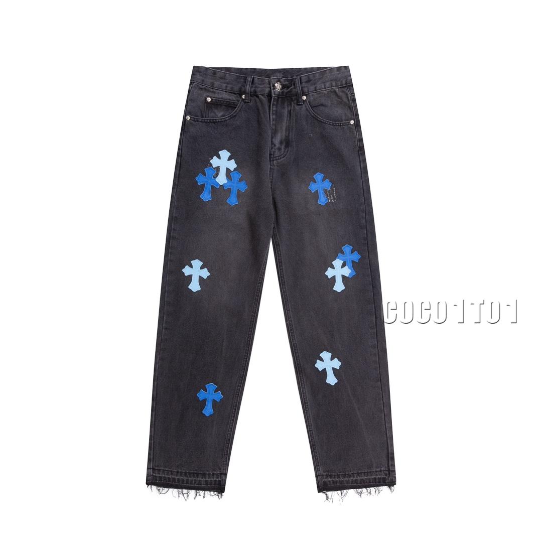 Chrome Hearts Cross Black Blue Gradient Label Patchwork Denim Pants Long