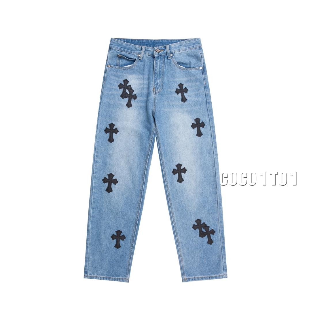 Chrome Hearts Cross Dark Blue Black Label Patchwork Denim Pants Long